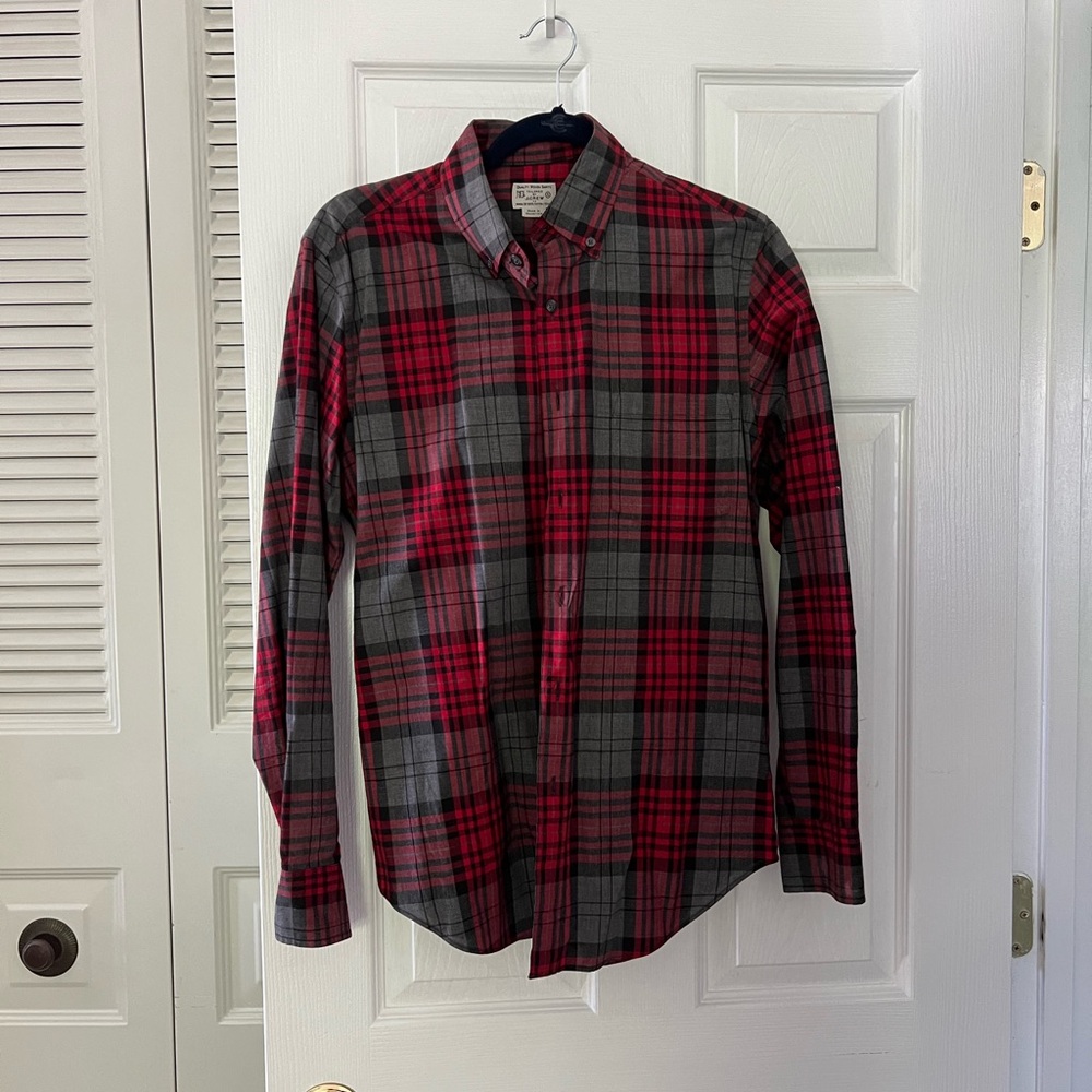 Classic J. Crew Lightweight Red and Gray Plaid Men's Shirt